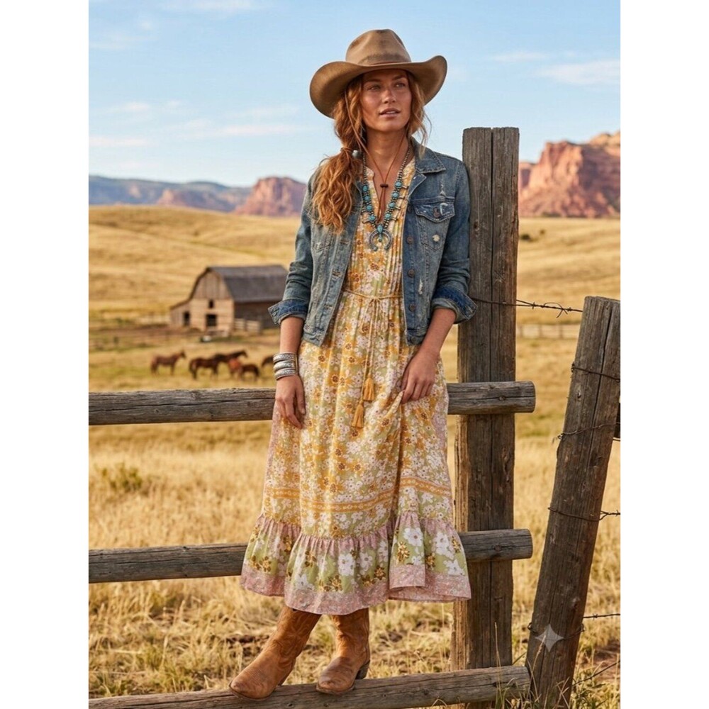 Davi & Dani Floral Boho Maxi Dress Yellow Green Flutter Sleeve Tassel Belt